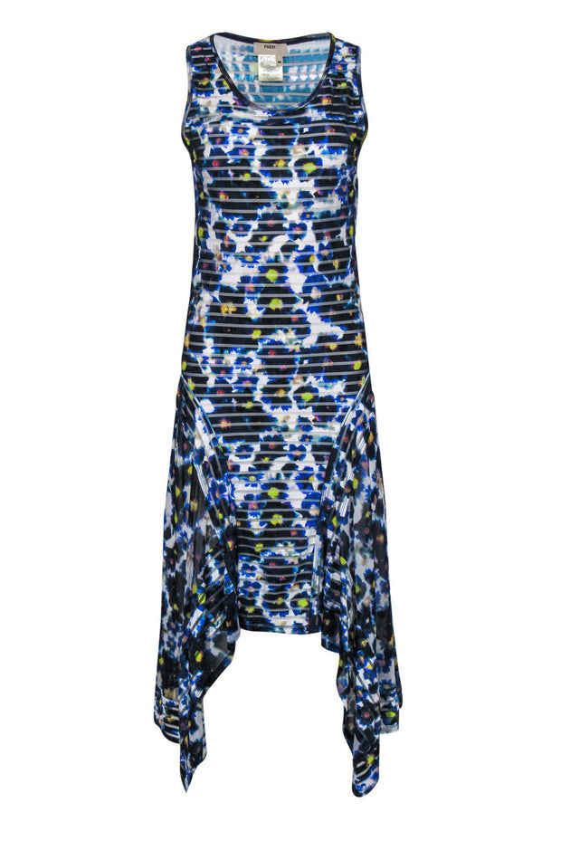 Current Boutique-Fuzzi - Blue Floral Ruffle Hem Dress w/ Mesh Sz M