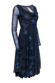Current Boutique-Fuzzi - Blue Rose Printed Cowl Neck Long Sleeve Dress Sz S