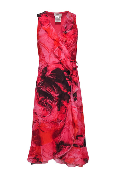 Current Boutique-Fuzzi - Coral & Red Print Ruffle Trim Sleeveless Wrap Dress Sz M