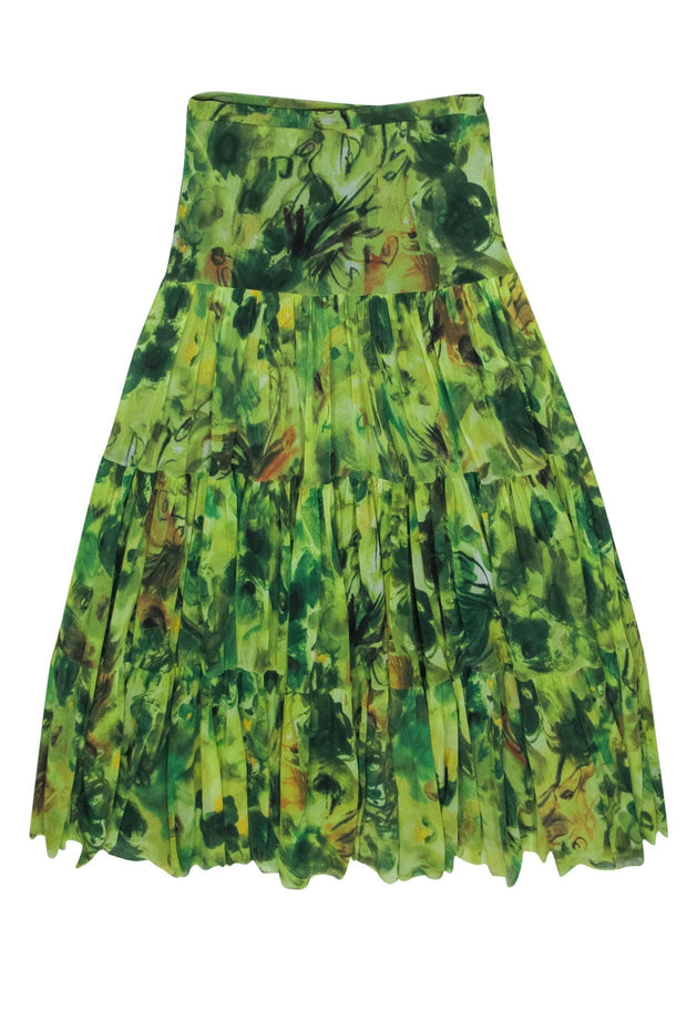 Current Boutique-Fuzzi - Green Floral Print Tiered Mesh Maxi Skirt Sz M