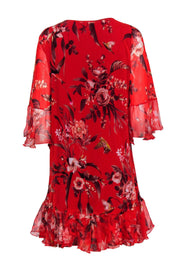 Current Boutique-Fuzzi - Red Floral Shift Dress w/ Ruffle Bell Sleeves Sz M
