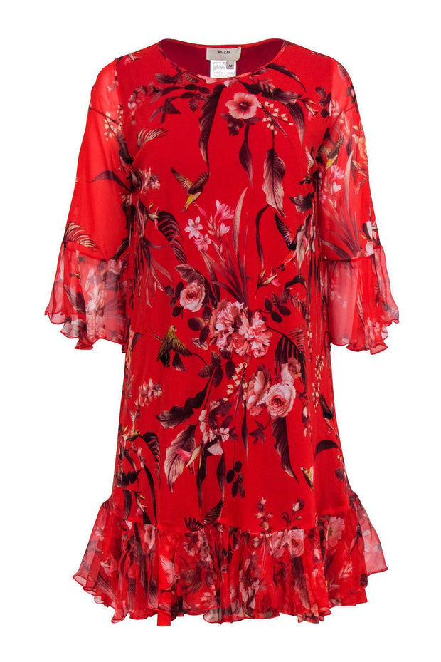 Current Boutique-Fuzzi - Red Floral Shift Dress w/ Ruffle Bell Sleeves Sz M