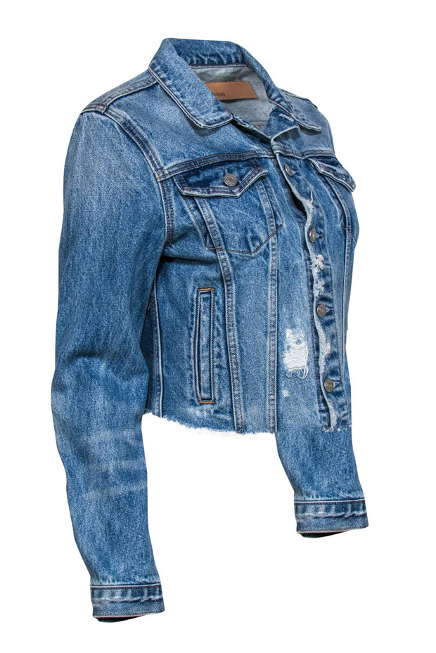 Current Boutique-GRLFRND - Medium Wash Distressed Raw Hem Button-Up "Cara" Denim Jacket Sz S