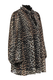 Current Boutique-Ganni - Black, Brown & Tan Leopard Print Babydoll Dress w/ Puff Sleeves Sz L