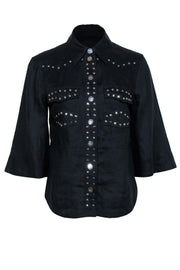 Current Boutique-Ganni - Black Cropped Sleeve Snap-Up Linen Blouse w/ Studded Trim Sz 2
