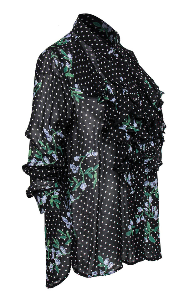 Current Boutique-Ganni - Black Floral Print Polka Dot Ruffle Long Sleeve Button-Up Blouse Sz S