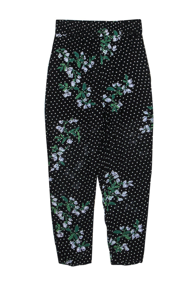 Current Boutique-Ganni - Black Floral Print & Polka Dot Skinny “Rometty Georgette” Pants Sz 2
