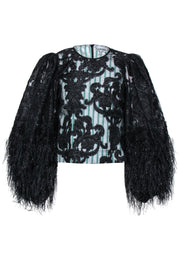 Current Boutique-Ganni - Black Metallic Embroidered Blouse w/ Feather Trim & Striped Underlay Sz 4