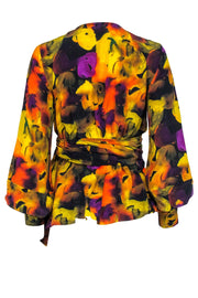 Current Boutique-Ganni - Black & Multicolor Abstract Floral Long Sleeve Wrap Blouse Sz