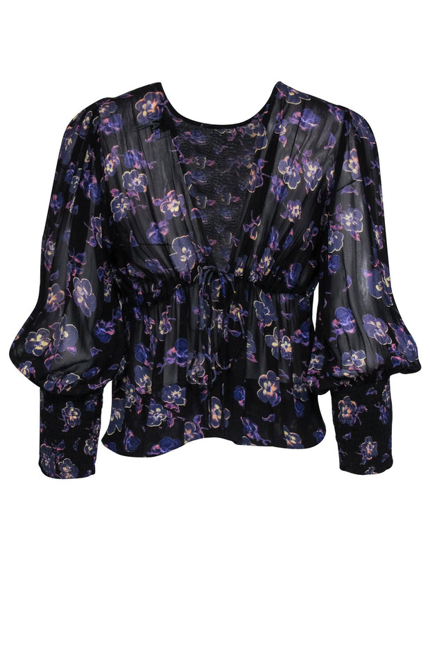 Current Boutique-Ganni - Black Open-Back Tie Blouse w/ Puff Sleeves & Purple Floral Print Sz 2