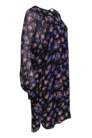 Current Boutique-Ganni - Black, Purple & Tan Floral Print Balloon Sleeve Shift Dress Sz 10