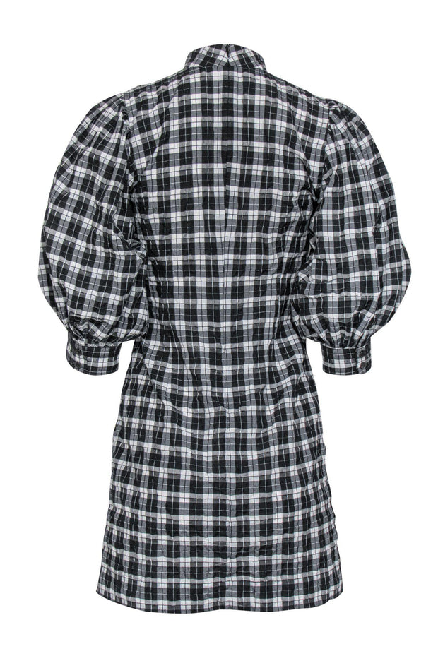 Current Boutique-Ganni - Black & White Plaid Puff Sleeve Sheath Dress Sz 4