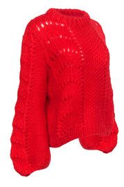 Current Boutique-Ganni - Bright Red Fuzzy Textured Balloon Sleeve Sweater Sz L