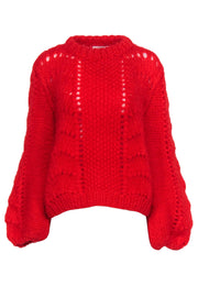Current Boutique-Ganni - Bright Red Fuzzy Textured Balloon Sleeve Sweater Sz L