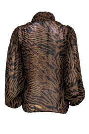 Current Boutique-Ganni - Brown & Black Tiger Print Button-Up Blouse w/ Neck Tie Sz 2