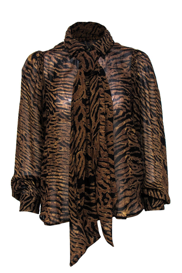 Current Boutique-Ganni - Brown & Black Tiger Print Button-Up Blouse w/ Neck Tie Sz 2