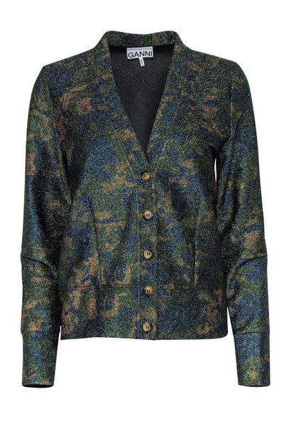 Current Boutique-Ganni - Green, Navy & Gold Sparkly Camouflage Print Cardigan Sz 8
