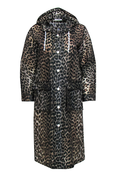 Current Boutique-Ganni - Grey & Black Leopard Print Snap-Up Hooded Longline Raincoat Sz 2