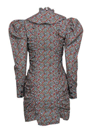 Current Boutique-Ganni - Multicolor Floral Ruched & Ruffled Puff Sleeve Dress w/ Tied Bib Sz 4