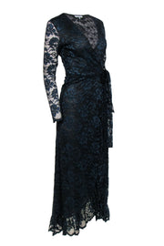 Current Boutique-Ganni - Navy & Black Floral Lace Ruffled Wrap Maxi Dress Sz 4