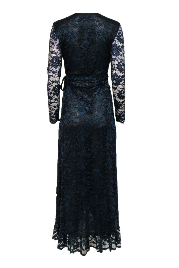 Current Boutique-Ganni - Navy & Black Floral Lace Ruffled Wrap Maxi Dress Sz 4