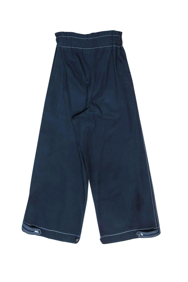 Current Boutique-Ganni - Navy Paperbag Wide-Leg Pants w/ Contrast Stitching Sz 8