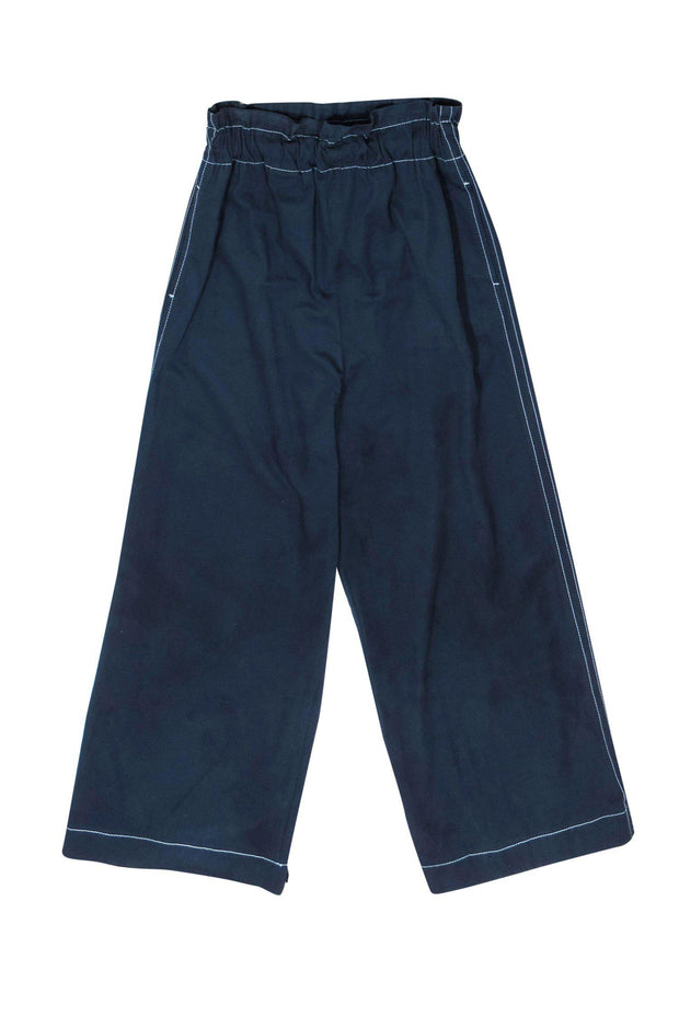 Current Boutique-Ganni - Navy Paperbag Wide-Leg Pants w/ Contrast Stitching Sz 8