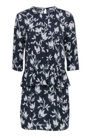 Current Boutique-Ganni - Navy & White Floral Print Long Sleeve Peplum Dress Sz M