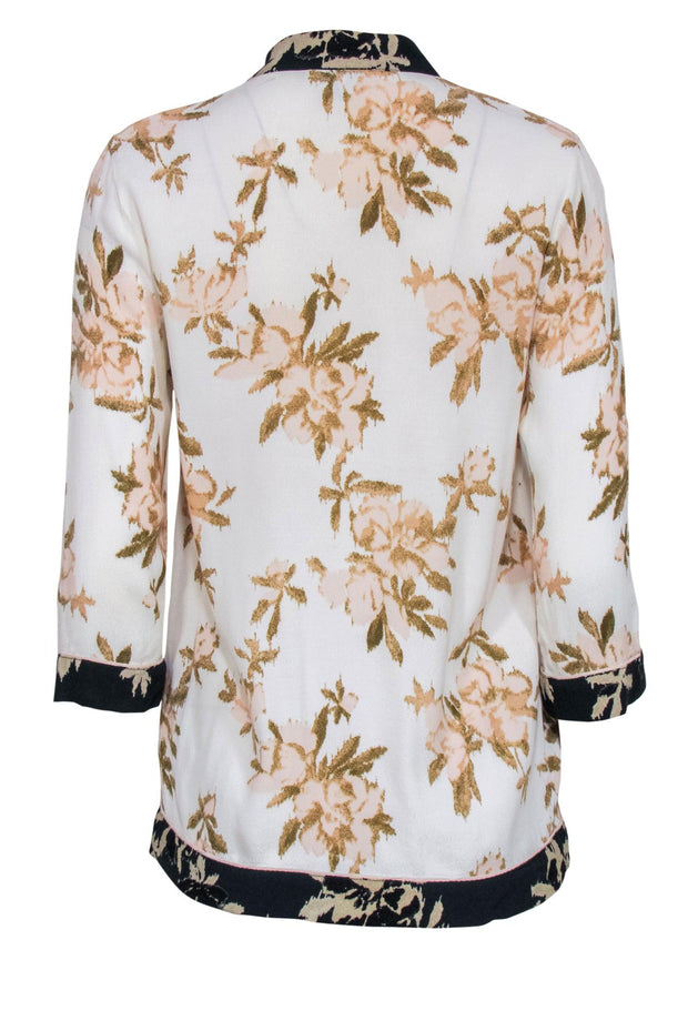Current Boutique-Ganni - White & Tan Floral Kimono Inspired Button Front Blouse Sz 2