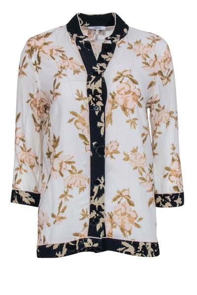 Current Boutique-Ganni - White & Tan Floral Kimono Inspired Button Front Blouse Sz 2