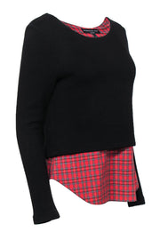 Current Boutique-Generation Love - Black Waffle Knit Sweater w/ Red Plaid Shirt Underlay Sz S