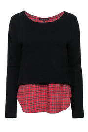 Current Boutique-Generation Love - Black Waffle Knit Sweater w/ Red Plaid Shirt Underlay Sz S