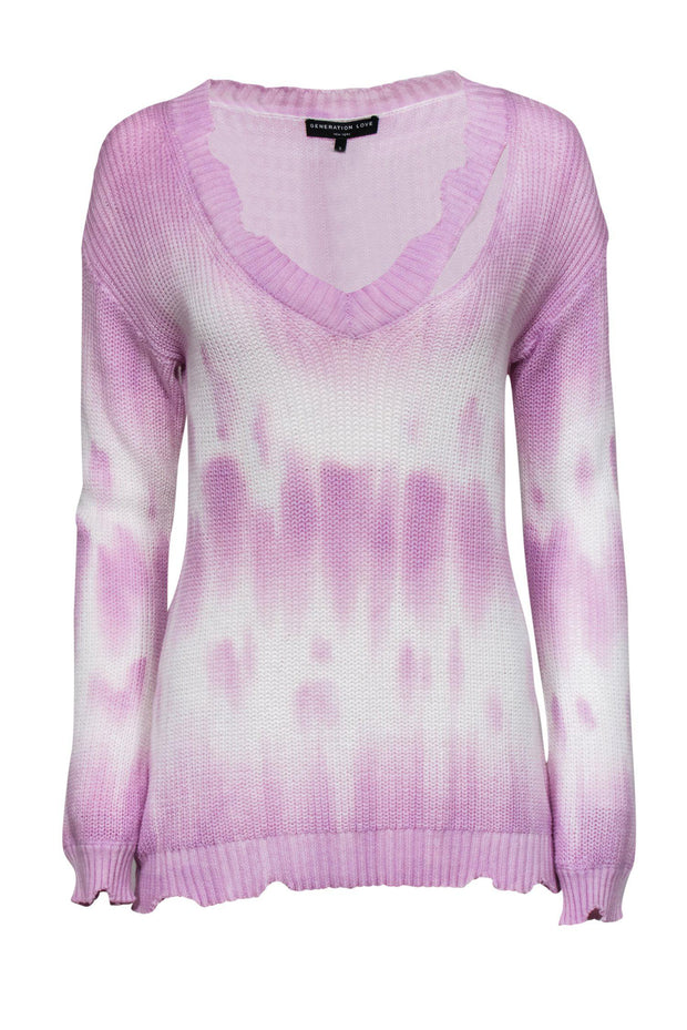 Current Boutique-Generation Love - Purple & White Tie-Dye Distressed Knit Sweater Sz S