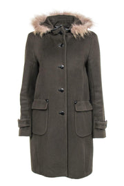 Current Boutique-Gerard Darel - Olive Green Longline Coat w/ Fur Trim Sz 6
