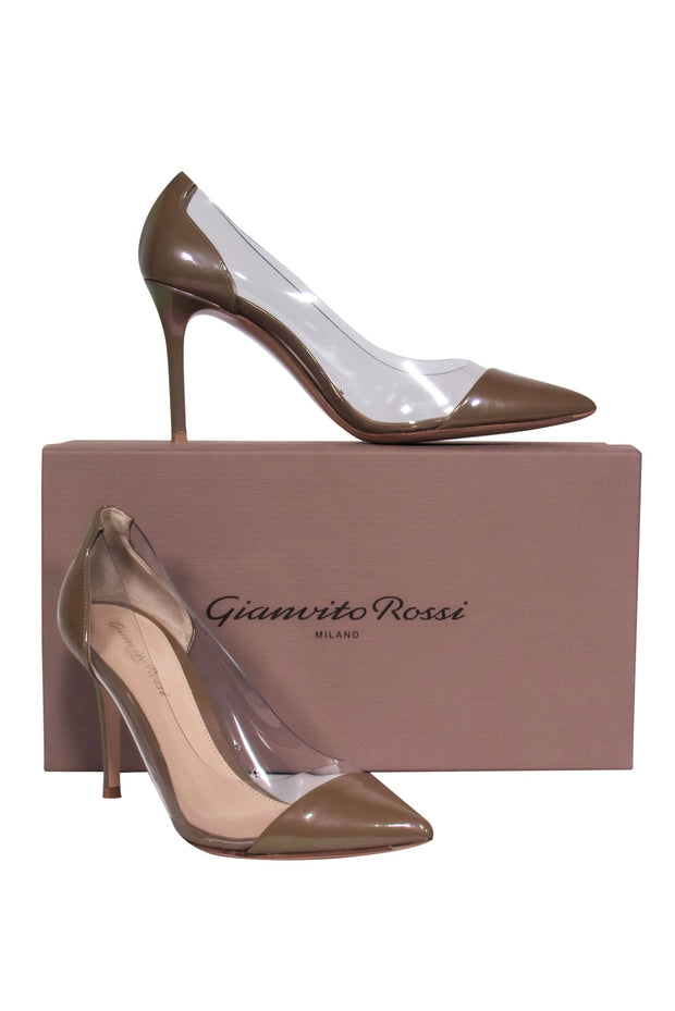 Current Boutique-Gianvito Rossi - Light Brown Patent Pointed Toe Pumps w/ Clear Paneling Sz 8