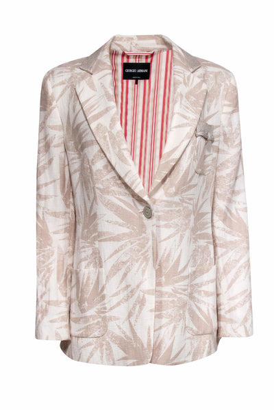 Current Boutique-Giorgio Armani - Beige Cotton & Linen Blend Leaf Print Blazer Sz 12