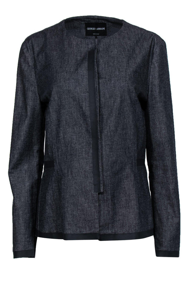 Current Boutique-Giorgio Armani - Blue Denim Button-Up Blazer w/ Faux Leather Trim Sz 12