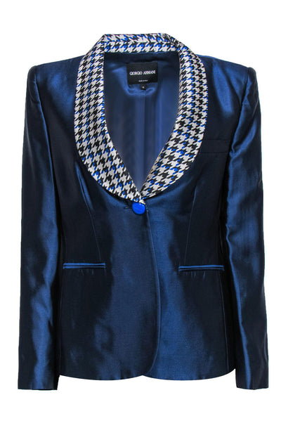 Current Boutique-Giorgio Armani - Blue Single Button Blazer w/ Houndstooth Collar Sz 10