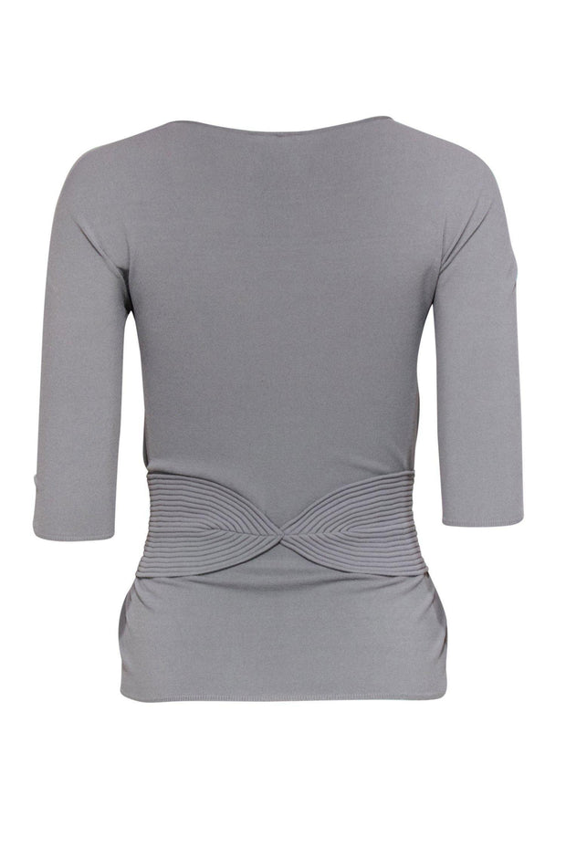 Current Boutique-Giorgio Armani - Grey Quarter Sleeve Blouse w/ Ribbed Bow Detail Sz 2