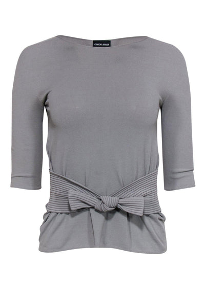 Current Boutique-Giorgio Armani - Grey Quarter Sleeve Blouse w/ Ribbed Bow Detail Sz 2