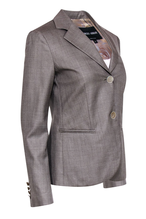 Current Boutique-Giorgio Armani - Grey Two Button Wool & Silk Blazer w/ Gold Hue Sz 4
