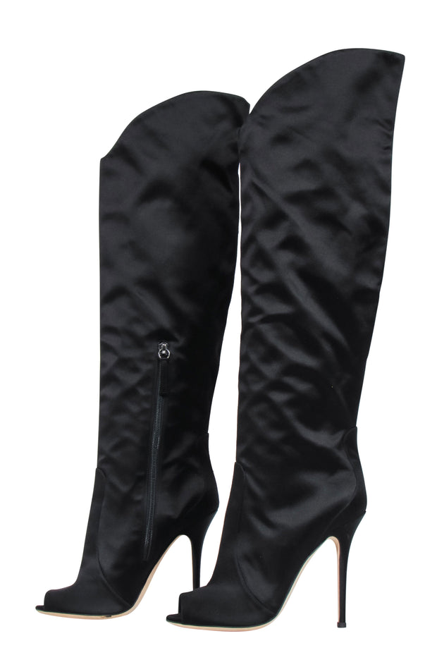 Current Boutique-Giuseppe Zanotti - Black Satin Tall Boot w/ Peep Toe Sz 8 Boots