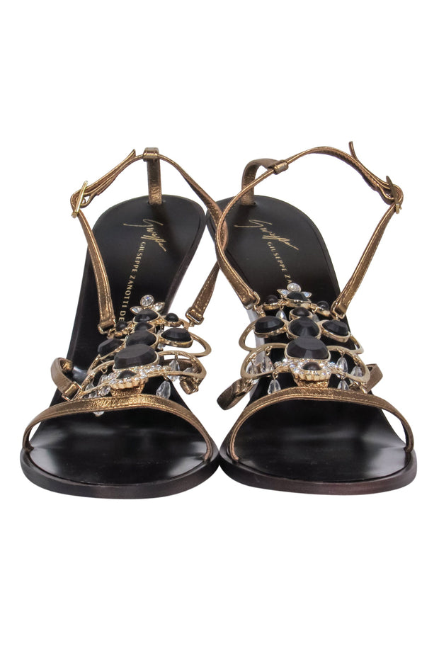 Current Boutique-Giuseppe Zanotti - Brown & Gold Jeweled Strappy “Cleo” Wedge Sandals Sz 9