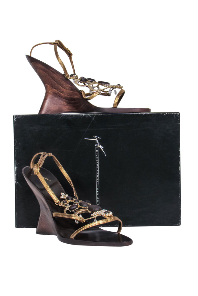 Giuseppe Zanotti - Brown & Gold Jeweled Strappy “Cleo” Wedge