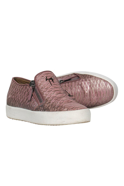 Current Boutique-Giuseppe Zanotti - Pink & Silver Reptile Embossed Zip-Up Platform Sneakers Sz 7