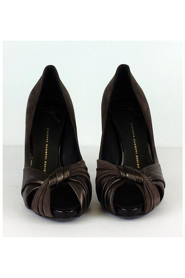 Current Boutique-Giuseppe Zanotti - Taupe & Bronze Knot Leather Peep Toe Heels Sz 11