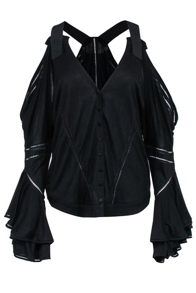 Current Boutique-Givenchy - Black Long Ruffle Sleeve Off-the-Shoulder Button Front Top Sz 2