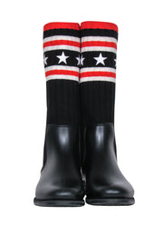Current Boutique-Givenchy - Black Rubber & Ribbed Sock-Style Boots w/ Stars & Stripes Print Sz 8