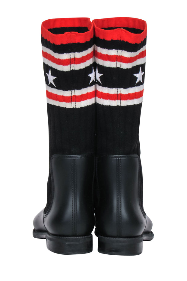 Current Boutique-Givenchy - Black Rubber & Ribbed Sock-Style Boots w/ Stars & Stripes Print Sz 8