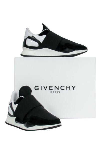 Current Boutique-Givenchy - Black & White Suede & Patent Leather Platform Sneakers w/ Elastic Strap Sz 8